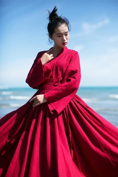 Oriģināls Dizains AIGYPTOS Pavasara Rudens Sieviešu Vintage Kleitas Ķīniešu Stilā Hanfu garām Piedurknēm Lielās Šūpoles Kokvilnas Veļa Sarkanas Kleitas