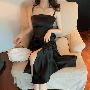 Ir 2021. Satīna Kleita Korejas Modes Pasaku Grunge Cottagecore Vestido Estētisko Elegantes Vasaras Seksīga Melnā Kleita