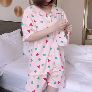 Sieviešu pidžamas ar īsām piedurknēm pidžamas sieviešu vasaras cute karikatūra ģeometriskā mājas valkāt populārs Japāņu un korejiešu Bikses Kopa