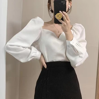 Elegants Korejas Garām Piedurknēm Blūze Ir 2021. Jaunu Puff Piedurknēm Zaudēt Sieviešu Topi Modes Ciets Balts Vienkārša Sieviešu Krekls Blusa Mujer 13528
