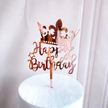 Rose Gold Happy Birthday Cake Topper Divpusējs Spogulis Akrila Zelta Cupcake Toppers Happy Birthday Party Piegādes Kūka Dekori