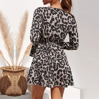 2020. gada Vasaras Šifona Kleita Sievietēm Leopards Drukāt Boho Pludmales Kleitas Gadījuma Savirmot garām Piedurknēm-line Mini Puse Kleita Vestidos