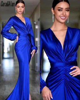Elegants Royal Blue Vakara Kleitas Ir 2021. Dziļu V veida Kakla Sirēna Balles Kleitu Sievietes Puses drēbes de soirée de mariage