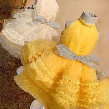 Dzeltena Baby Girl Dress Loku Elsojošs Kleitas Meitenēm Augsta Apkakle Loku Komūniju Kleita Ceļa Garums Puķu Meitene Kleitas, Bērnu Kleitas
