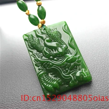 Dabas Ķīniešu HeTian Zaļā Jašma Zodiaka Jade Dragon Kulons Pērlīšu Kaklarota Cirsts Modes Rotaslietas Vīriešiem, Sievietēm Amuletu Dāvanas