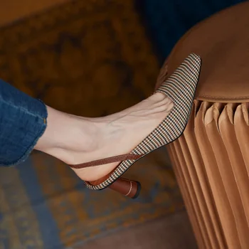 Sieviešu sandales 22-24.5 cm Retro Houndstooth auduma kurpes, vasaras kurpes Muller kurpes kārta papēdis sandales sievietēm augsti papēži