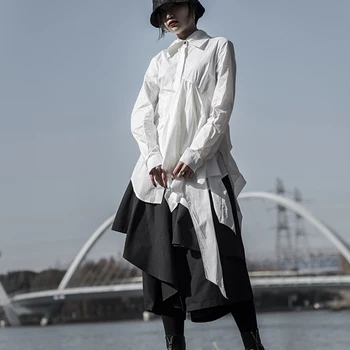 [EAM] Sievietes Baltā Asimetriskā Ruffles Ikdienas Blūze Jaunu Atloks ar garām Piedurknēm Loose Fit Krekls Modes Pavasara Rudens ir 2021. 1DD6192