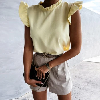 Modes Ruffles Piedurknēm Topi O-veida kakla Sieviešu T Krekls Ir 2021. Vasaras Gadījuma Balts Biroja Tee Kreklu Femme Rozā T-krekls Top Tshirts
