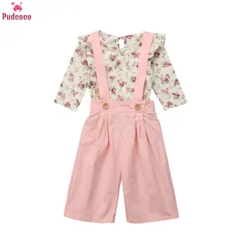 Koko bērniem moderns apģērbs 2GAB Toddler Bērniem, Baby Meitene Bebe Rozā Kombinezons Ziedu Tops+Plaša Kāju Bikses Kopumā Tērpiem meitenes valkā