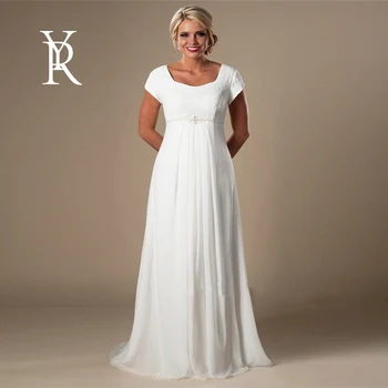 YILIBER Šifona kāzu kleita ar kvadrātveida apkakles īss sleev vienkārši atmosfēru kāzu kleita pogas krokas sārņu