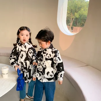 Pavasara modes panda drukāšanas zēni un meitenes ar garām piedurknēm krekli ir 2021. gudrs Brālis un māsa apģērbu ikdienas Topi