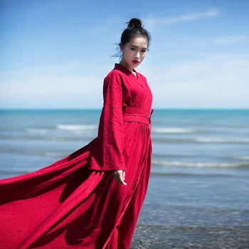 Oriģināls Dizains AIGYPTOS Pavasara Rudens Sieviešu Vintage Kleitas Ķīniešu Stilā Hanfu garām Piedurknēm Lielās Šūpoles Kokvilnas Veļa Sarkanas Kleitas
