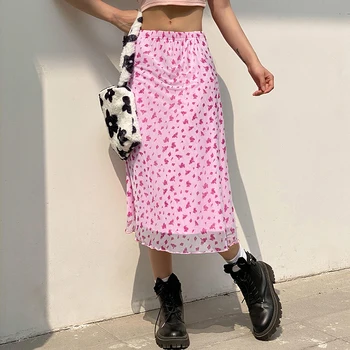 Meitenes Ziedu Drukāt Rozā Augsta Vidukļa Midi Svārki Y2K Raibs Acu Līnija, kas Īsi Svārki Sieviešu Vasaras Gadījuma Kawaii Modes