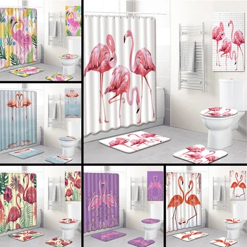 5gab/komplekts 3D Flamingo Iespiests Raksts Dušas Aizkars Pjedestāla Paklāju Vāks Tualetes Vāka Paklājiņš, Vannas Paklājiņu Komplekts Vannas Aizkari