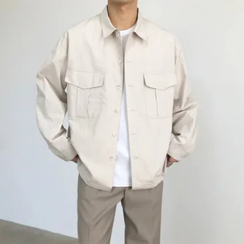 Pavasarī, Vasarā korejas Plānas Krekls Vīriešu Modes vienkrāsainu Biznesa Ikdienas Krekls Vīriešiem Streetwear Savvaļas Brīvs Krekls ar garām Piedurknēm Mens