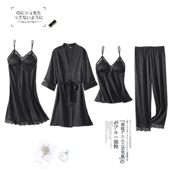 Pidžamas Uzvalks Pavasara Vasaras Sieviešu Sleepwear Seksīga Melnā Satīna Kāzu Tērpu Komplekts Kimono Kleita Mežģīņu Naktsveļu Zaudēt Homewear