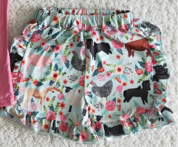 Vasarā bērniem meitene tumši rozā īsām piedurknēm uzvalks lauksaimniecības dzīvnieku print savirmot šorti