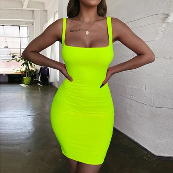 Zaļa Mini kleita Bodycon Sieviešu Vasaras jaunā modes Backless Kleita Sexy Wrap Neona bez piedurknēm Kleita jurk dames Kluba Puses