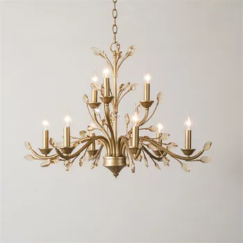 Amerikāņu viesistabā lustras kaltas dzelzs E14 svece kristāla lampu rūpniecības bēniņi vintage zelta koku formas lustras