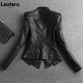 Lautaro Rudens Īsā Melnā Gaisma Mīksts Mākslīgās Ādas Jaka Sievietēm Ar Garām Piedurknēm Ar Rāvējslēdzēju Luksusa Zīmolu Modes Slim Fit 2021