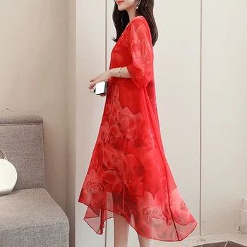 Pavasara elegants Šifons Izdrukāt Liela izmēra S-4XL kleita sievietēm Vintage O-veida Kakla Asimetriska kleita vasaras sarkanu Signālraķeti Piedurknēm kleita sievietēm