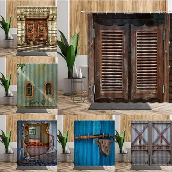 3D Vintage Koka Durvis Vannas Dušas Aizkars Retro Eiropas Vannas Aizkaru Ar Āķi Radošās Dzīves Telpā Karājas Audums Mājas Dekoru