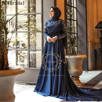 Dubai Tumši Zila Musulmaņu Vakara Kleita Ar Garām Piedurknēm Kristāla Satīna Arābu Sieviešu Kāzu Kleitas Ilgu Vilcienu Formālās Kleitas