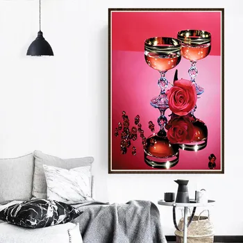 Pilna Kārta 5D DIY Dimanta Krāsošana Sarkanā Vīna Glāzi Ziedi Rožu Dimantu Rokdarbu Komplekts Mozaīka Mākslas Ainava Mājas Apdare