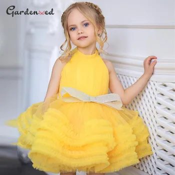 Dzeltena Baby Girl Dress Loku Elsojošs Kleitas Meitenēm Augsta Apkakle Loku Komūniju Kleita Ceļa Garums Puķu Meitene Kleitas, Bērnu Kleitas
