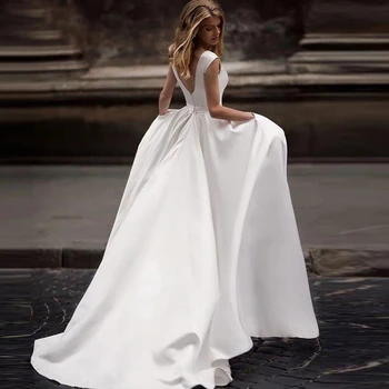 Ir 2021. Ziloņkaula Baltās Drēbēs Satīna Kāzu Kleita Drēbes De Viesībās, longue Oficiālu vienkāršas drēbes de saviesīgs vakars līgava ir атласное платье