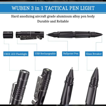WUBEN TP10 LED Pen Gaismas Lukturīti Taktiskās USB Lādējamu Lukturīti Stikla Breaker Rakstot Lodīšu Pildspalva Automātiskā Defens