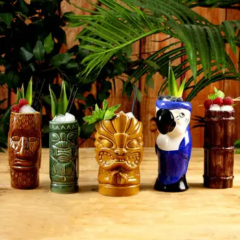 5 Stilā Keramikas Tiki Krūze 400 ml Hawaii Sejas Tiki Kauss ar Rokturi Statuja Tiki Kausa Akrobāts Vīna Kauss Alus Kokteilis Karavīrs Drinkware