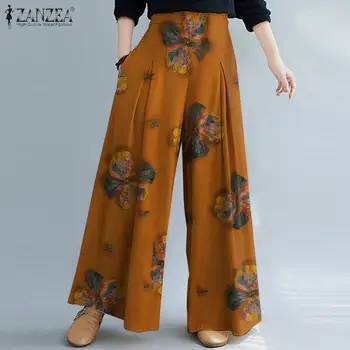 ZANZEA ir 2021. Sieviešu Iespiesti Bikses Elegants Plaša Kāju Bikses Elastīgs Wasit Pantalon Palazzo Sieviešu Ziedu Rācenis