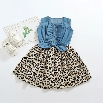 Ir 2021. vasaras Meiteņu Kleitas Jauki Karstā Mazulis Meitenes Jean Džinsa Loku Ziedu Mežģīņu Kleita Leopards Sundress Apģērbu Kostīms