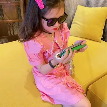 Bērnu modes plānas Pērles kleita vasaras jauno Ruched V-veida kakla kleita bērnu īsām piedurknēm, rozā un melna kleita princese kleita wz193