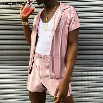Modes Vīrieši Svītrainām Komplekti Spīdīgas Īsām Piedurknēm Krekls ar Elastīgu Vidukļa Bikses 2 Gabali Streetwear Ir 2021. Vīriešu Ikdienas Uzvalki S-5XL INCERUN 7