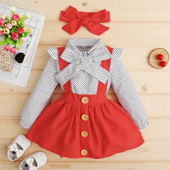 Baywell Toddler Meiteņu Drēbes Uzvalku Pavasara Rudens garām piedurknēm Polka-dot Printing Top + tīrtoņa Krāsas Zeķu Svārki + Matu Joslā