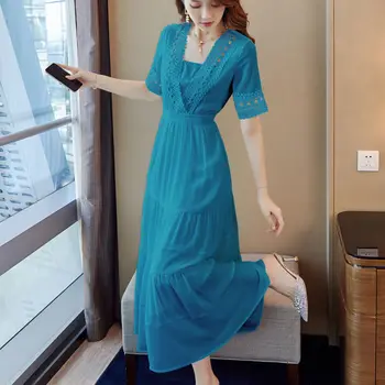 Drukāšanas Īsām piedurknēm Šifona ziedu Dressses Sieviešu korejas Modes V-veida kakla slim midi kleita ir 2021. Vasaras Balts brīvdienas tērpiem