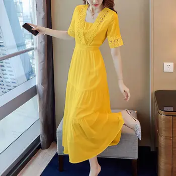 Drukāšanas Īsām piedurknēm Šifona ziedu Dressses Sieviešu korejas Modes V-veida kakla slim midi kleita ir 2021. Vasaras Balts brīvdienas tērpiem