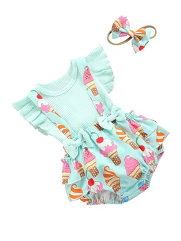 Neugeborenes Baby Kleidung T-Krekls Top Eiscreme Druck Strap Shorts Stirnband