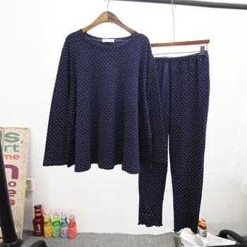 2GAB Sieviešu Pidžamas Komplekti Rudens Pavasara Kokvilnas Sleepwear Navy Dot Drukas Apaļu Kakla garām Piedurknēm Pidžamas Mājas Tērps
