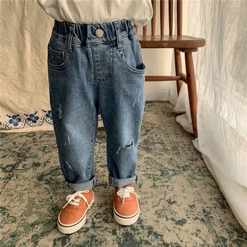 Rudenī ir 2021. unisex bērniem elastīgs ripped džinsi korejiešu stilā zēniem un meitenēm zaudēt taisnas džinsa bikses