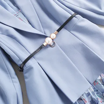 Elegants Birojs Dāma Dizaineri Robots Žakete un Drukas Midi Siksna Šifona Kleita 2 Gabals Uzvalks Sieviešu Pavasara Apģērbu Zilā Vestidos
